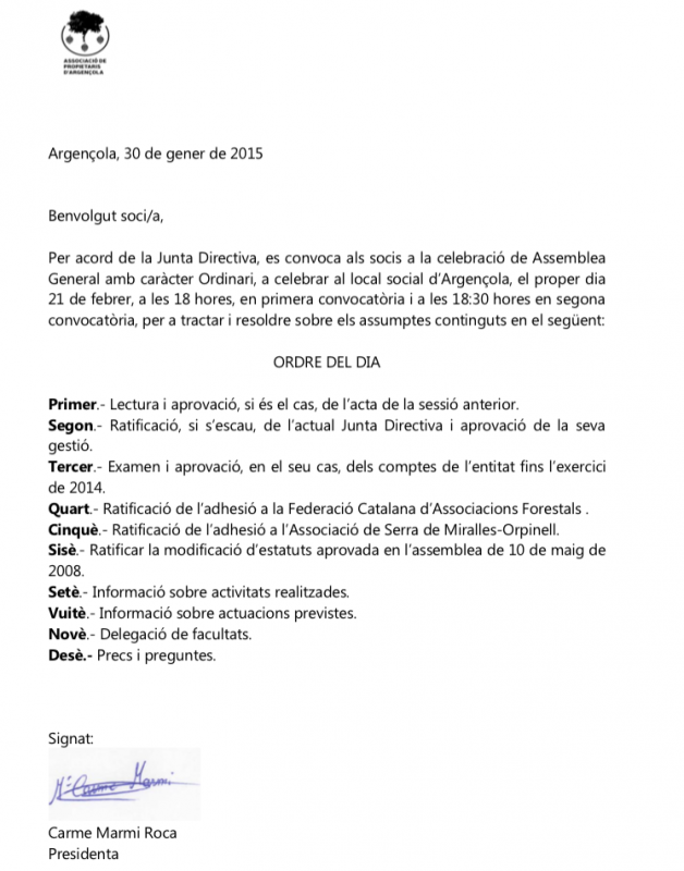 cartell Assemblea General de l'Associació de Propietaris d'Argençola