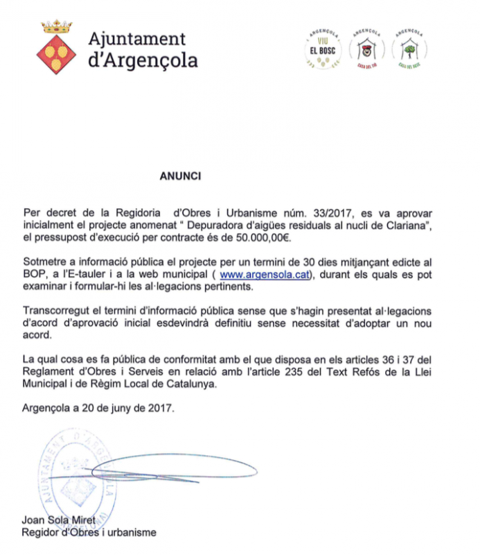 Aprovació inicial del projecte 'Depuradora d'aigües residuals de Clariana'