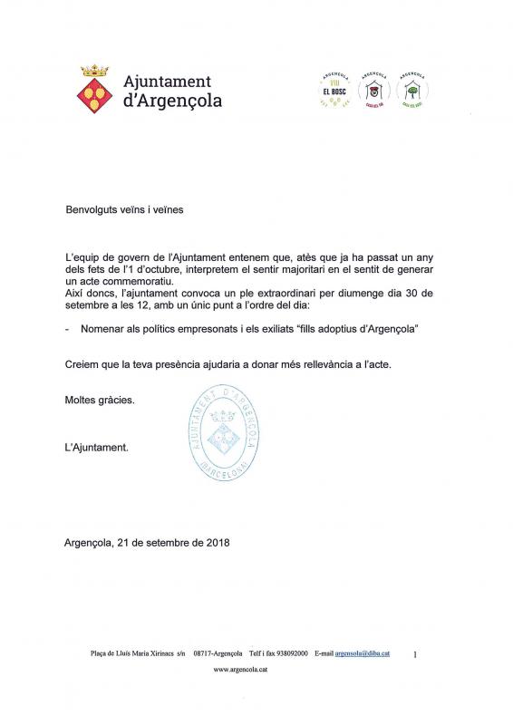 Argençola nomenarà fills adoptius els polítics empresonats i els exiliats - Argençola