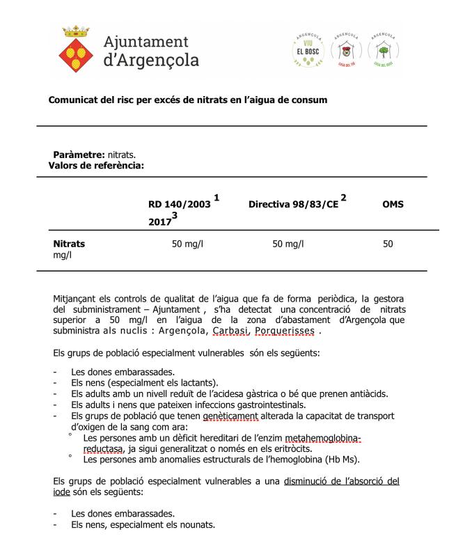 Avís de risc per excés de nitrats en l’aigua de consum a Argençola