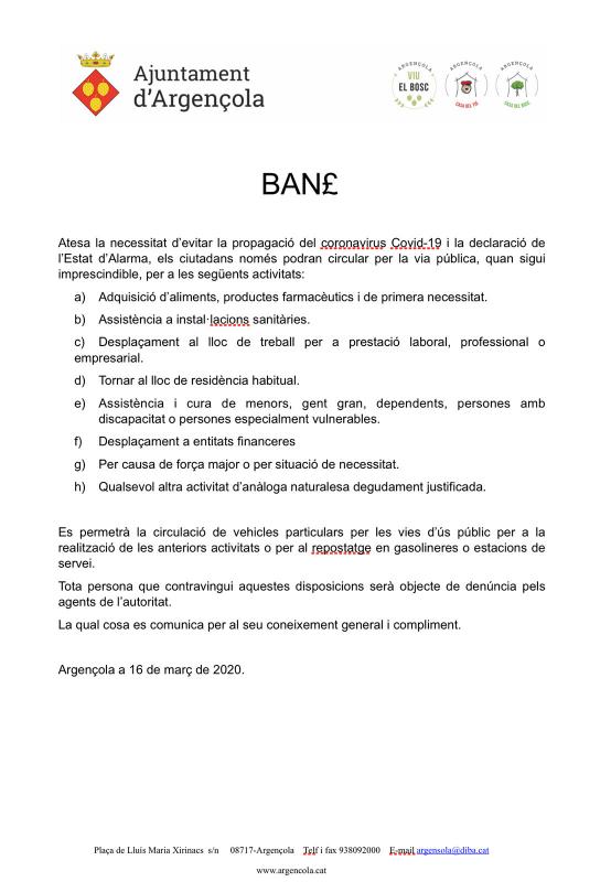 Ban de l'Ajuntament d'Argençola de mesures de restricció de la mobilitat