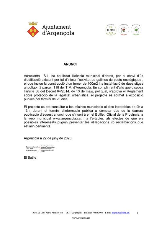 Anunci llicència municipal d’obres Acrecienta S.l.