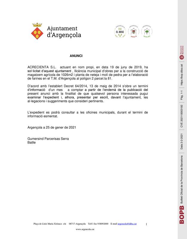 Anunci llicència municipal d’obres Acrecienta S.L.