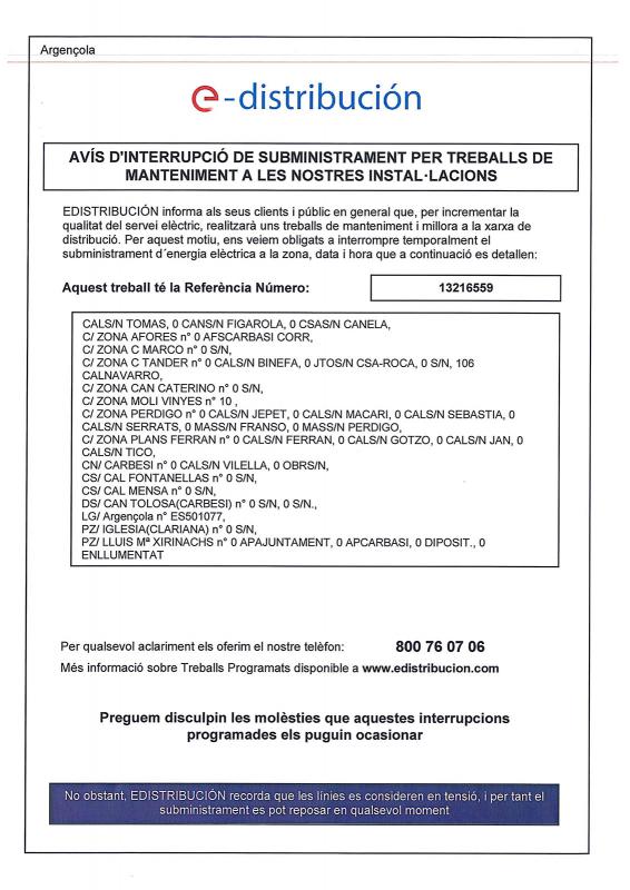 Avís de tall del subministrament elèctric a Argençola - Argençola