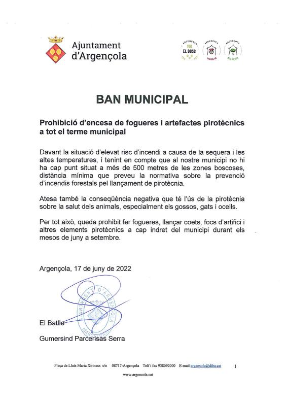 Prohibició d'encesa de fogueres i artefactes pirotècnics a tot el terme municipal