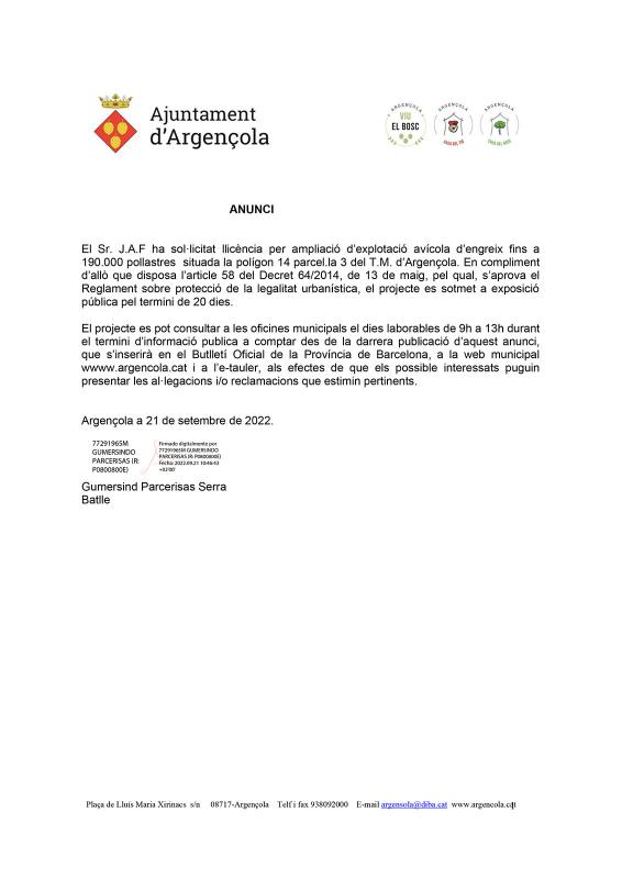 Anunci d'ampliació de la capacitat productiva d’una explotació avícola