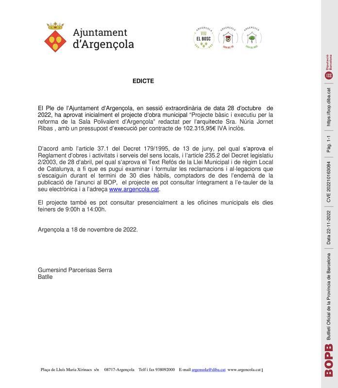 Aprovació inicial del projecte d’obra municipal 'Projecte bàsic i executiu per la reforma de la Sala Polivalent d’Argençola'