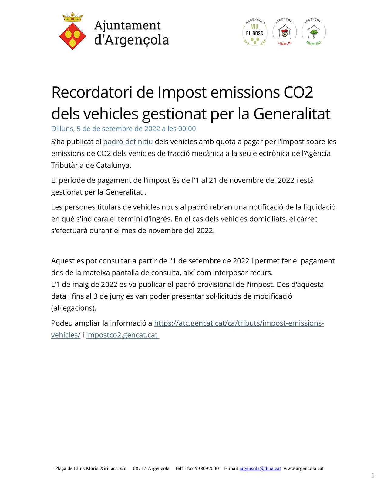 Recordatori de Impost emissions CO2 dels vehicles gestionat per la Generalitat