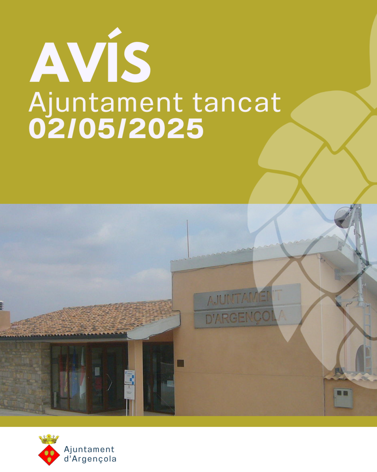 Divendres 2 de maig, l’Ajuntament d’Argençola romandrà tancat